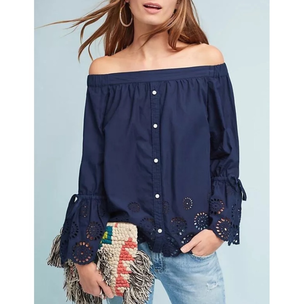 Isabella Sinclair Anthropologie Off the Shoulder Cotton Eyelet Top Navy Sz Small